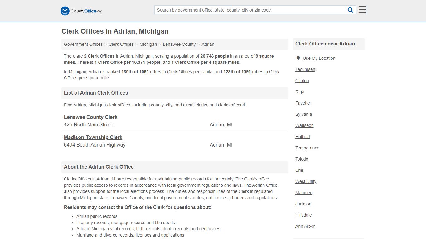 Clerk Offices - Adrian, MI (County & Court Records)